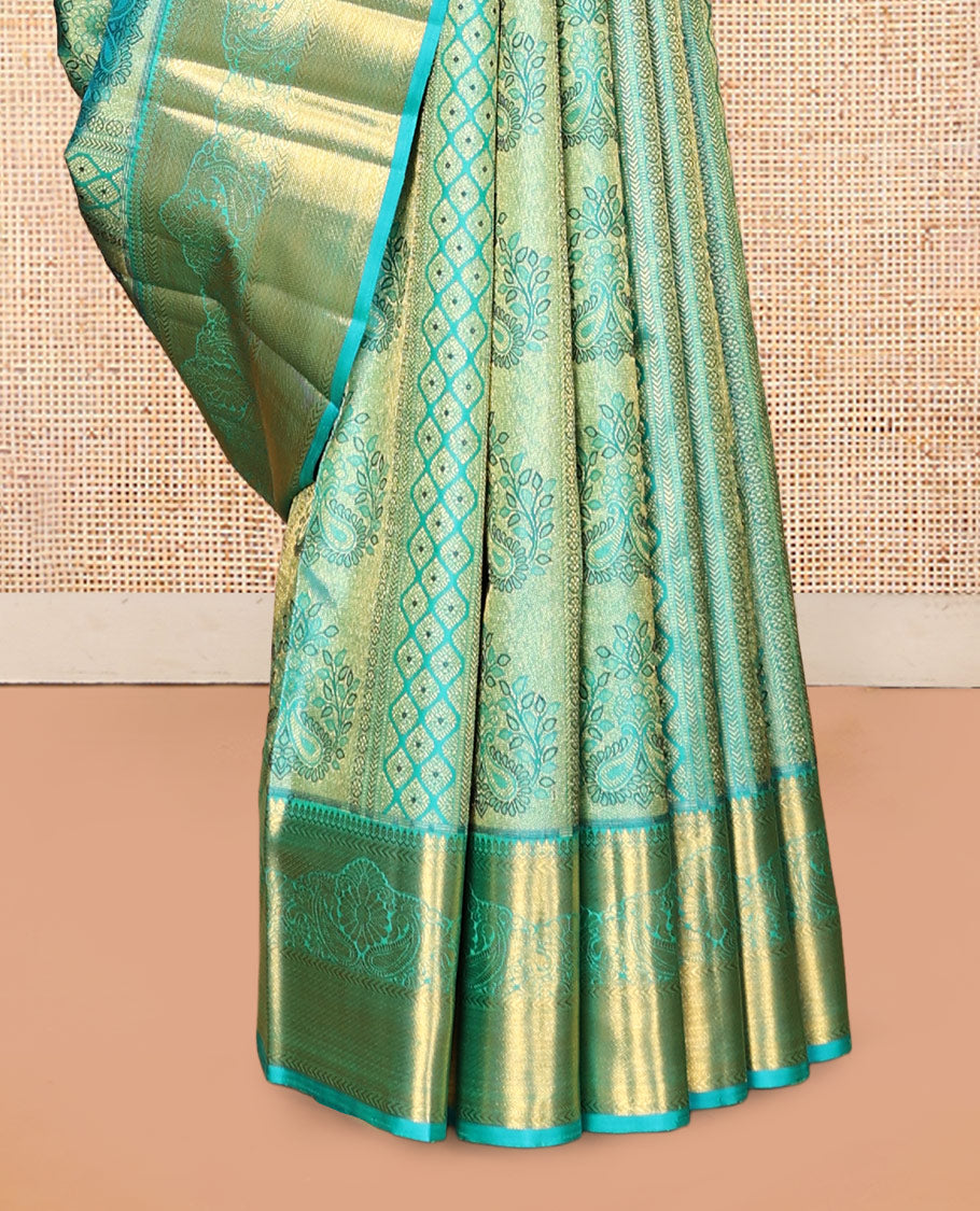 Blue Kanchipuram Wedding Silk Saree, Decked Up with Jacquard Design, Zari Border of Thilakam Mokku, and  Manga Designs, Grand Jaal Pallu, and a Matching Blouse