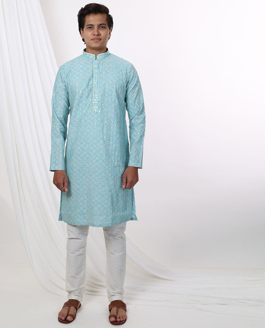 Light blue geometric embroidery with sequins work mandarin collar & full-sleeve long raw silk kurta