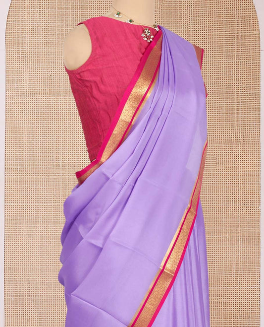 Lavender Plain Mysore Silk Saree, Complemented by a Contrast Traditional Zari Design Border, Zari Striped Pallu, and Paired with a Contrast Blouse