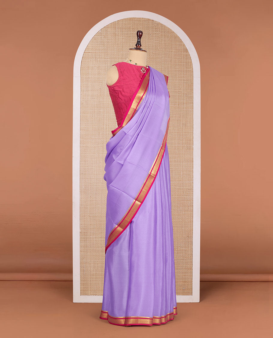 Lavender Plain Mysore Silk Saree, Complemented by a Contrast Traditional Zari Design Border, Zari Striped Pallu, and Paired with a Contrast Blouse