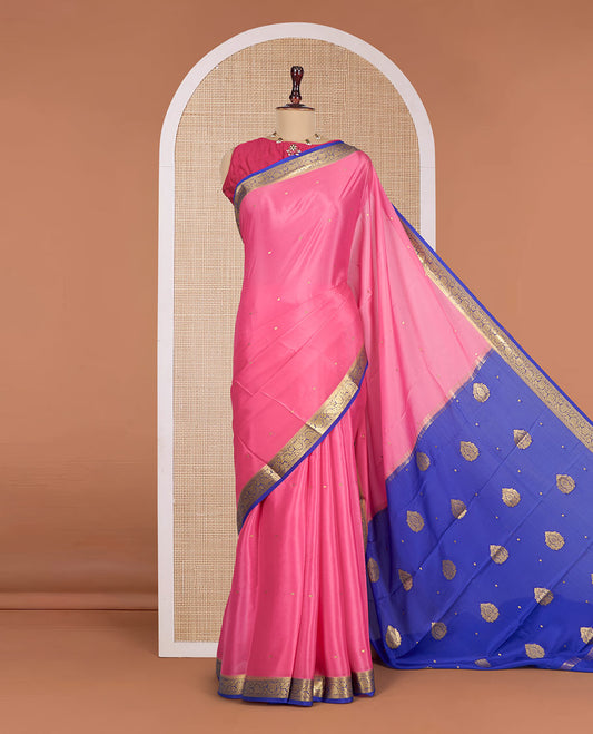 Pink Mysore Silk Saree, Adorned with Zari Buttas All Over Its Body, Complemented by a Contrast Traditional Floral Creeper Zari Design Border, Zari-Buttas Woven Pallu, and Paired with a Contrast Blouse