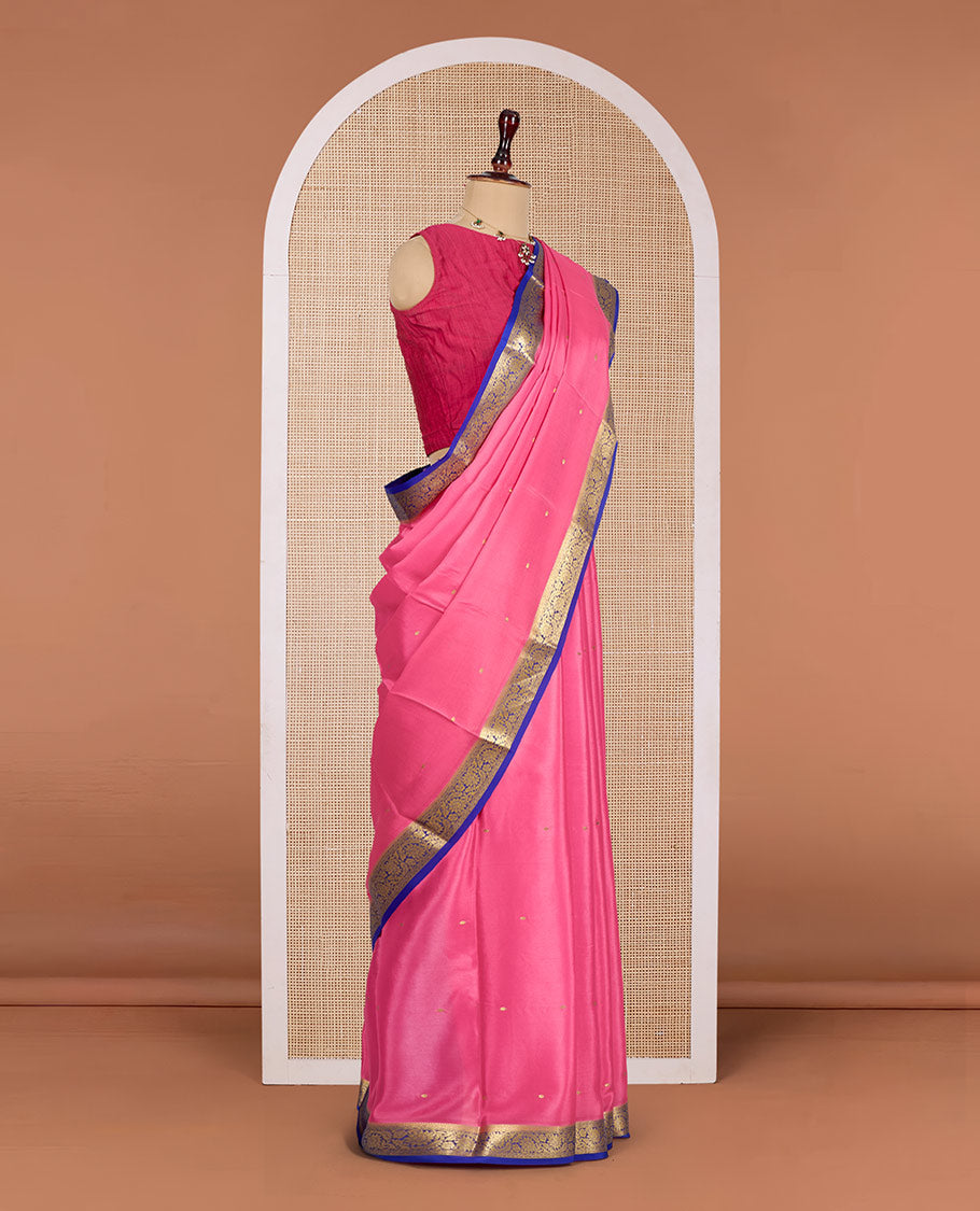 Pink Mysore Silk Saree, Adorned with Zari Buttas All Over Its Body, Complemented by a Contrast Traditional Floral Creeper Zari Design Border, Zari-Buttas Woven Pallu, and Paired with a Contrast Blouse