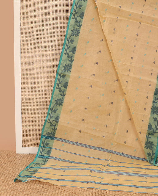 Yellow floral motifs bengal cotton saree with contrast floral design border & striped, motifs pallu
