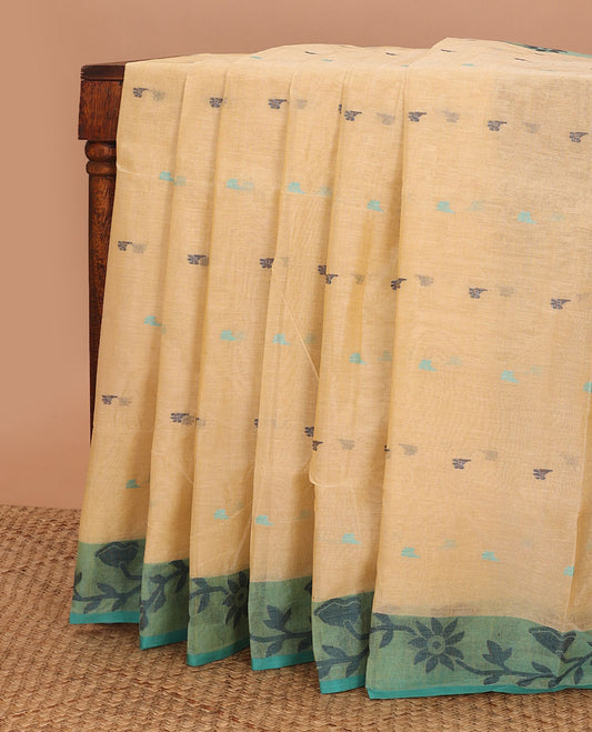 Yellow floral motifs bengal cotton saree with contrast floral design border & striped, motifs pallu