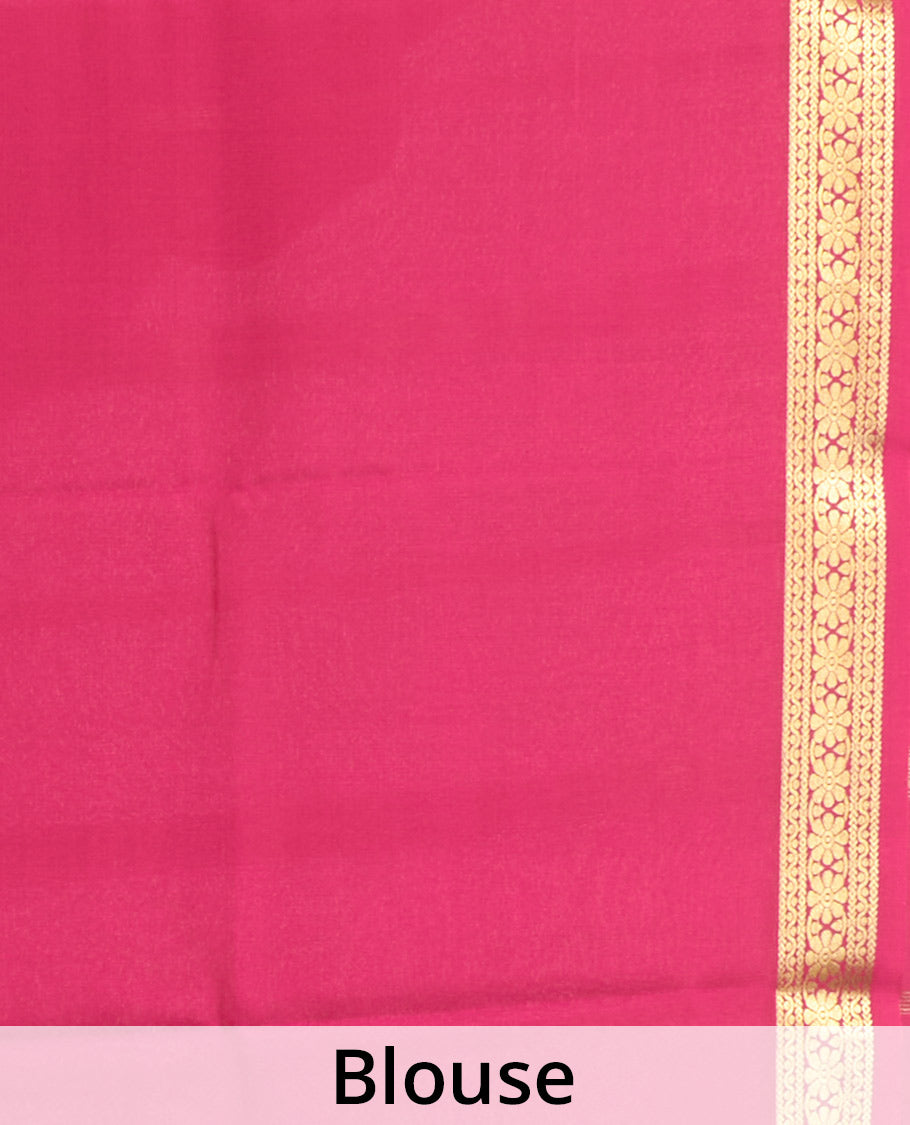 Parrot Green Plain Mysore Silk Saree, Complemented by a Contrast Floral Zari Design Border, Zari-Striped Pallu, and Paired with a Contrast Blouse