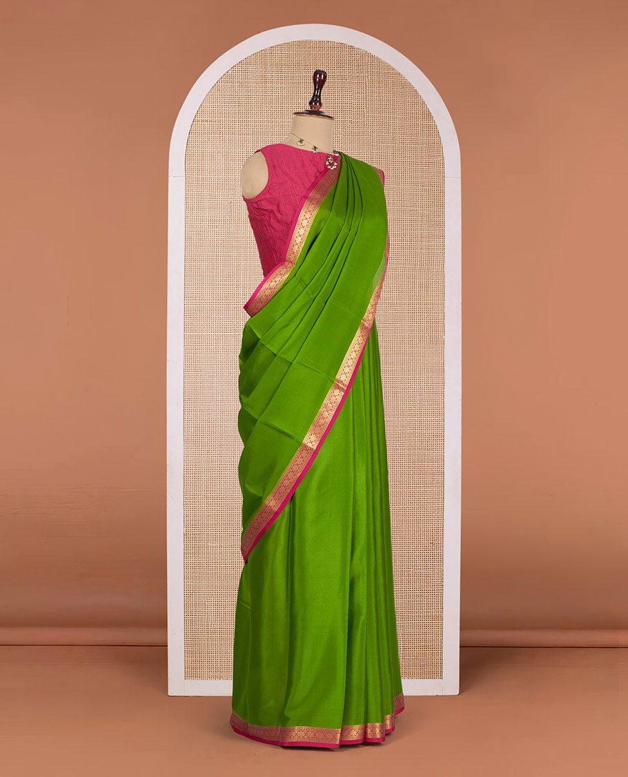 Parrot Green Plain Mysore Silk Saree, Complemented by a Contrast Floral Zari Design Border, Zari-Striped Pallu, and Paired with a Contrast Blouse