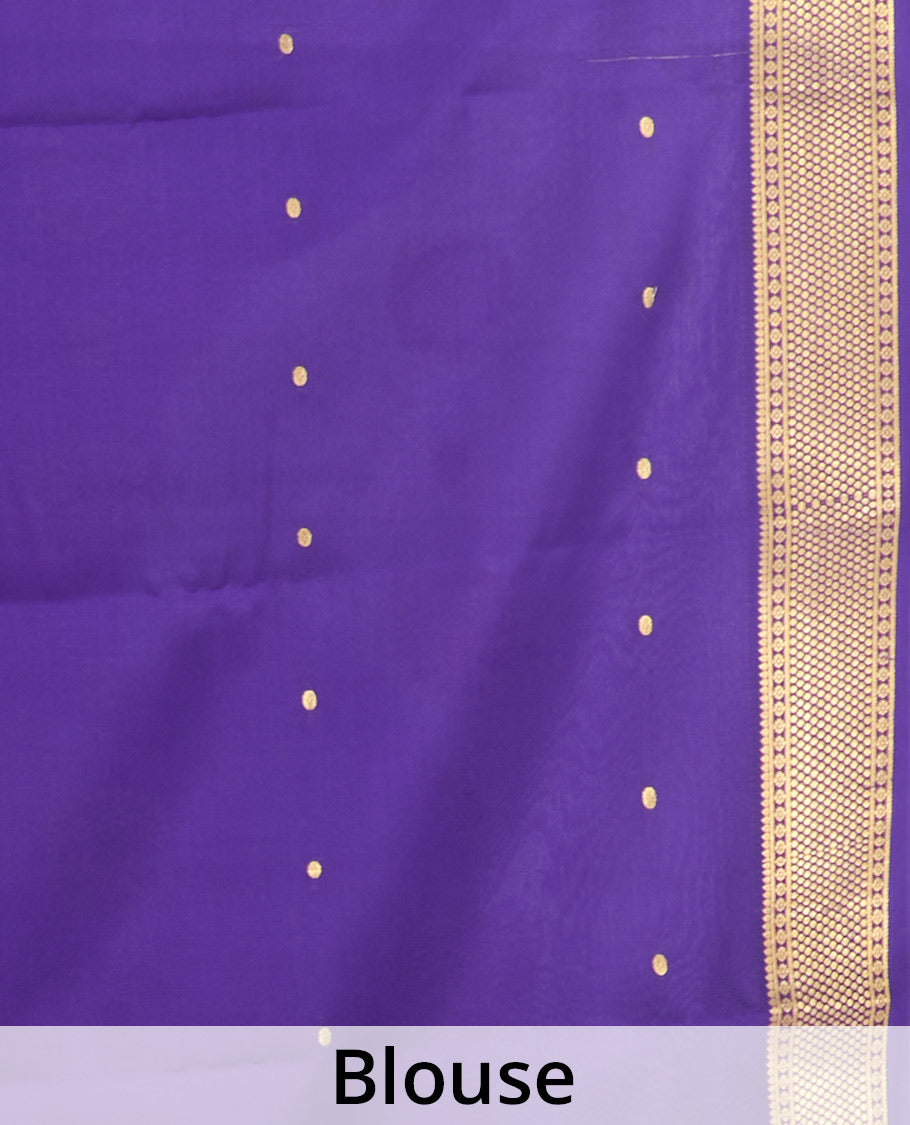 Pink Mysore Silk Saree, Bedecked with Zari Buttas All Over Its Body, Complemented by a Contrast Traditional Zari Design Border, Zari-Buttas Woven Pallu, and Paired with a Contrast Blouse