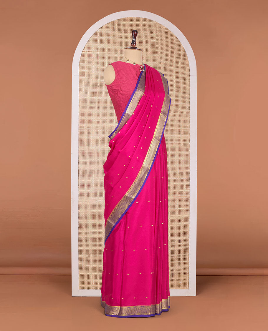 Pink Mysore Silk Saree, Bedecked with Zari Buttas All Over Its Body, Complemented by a Contrast Traditional Zari Design Border, Zari-Buttas Woven Pallu, and Paired with a Contrast Blouse