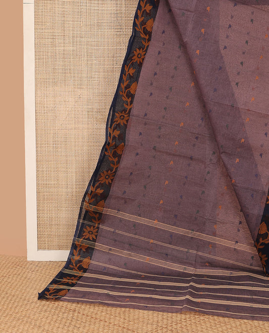 Purple floral motifs bengal cotton saree with contrast floral design border & striped, floral motifs pallu