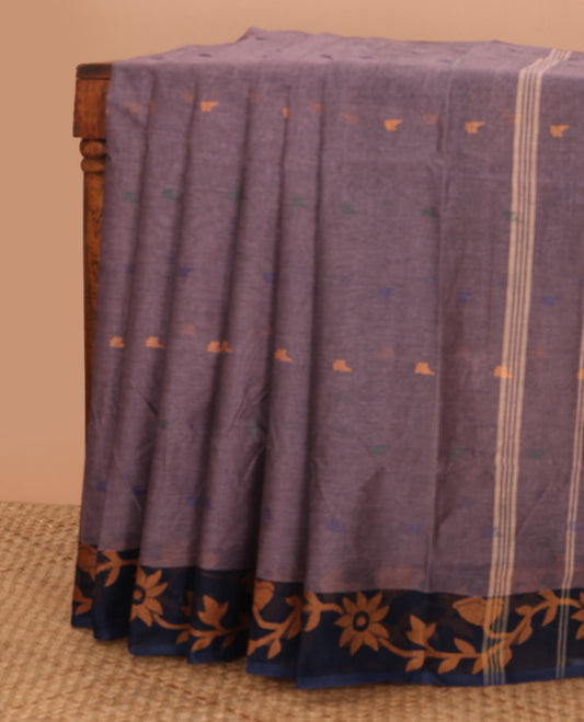 Purple floral motifs bengal cotton saree with contrast floral design border & striped, floral motifs pallu