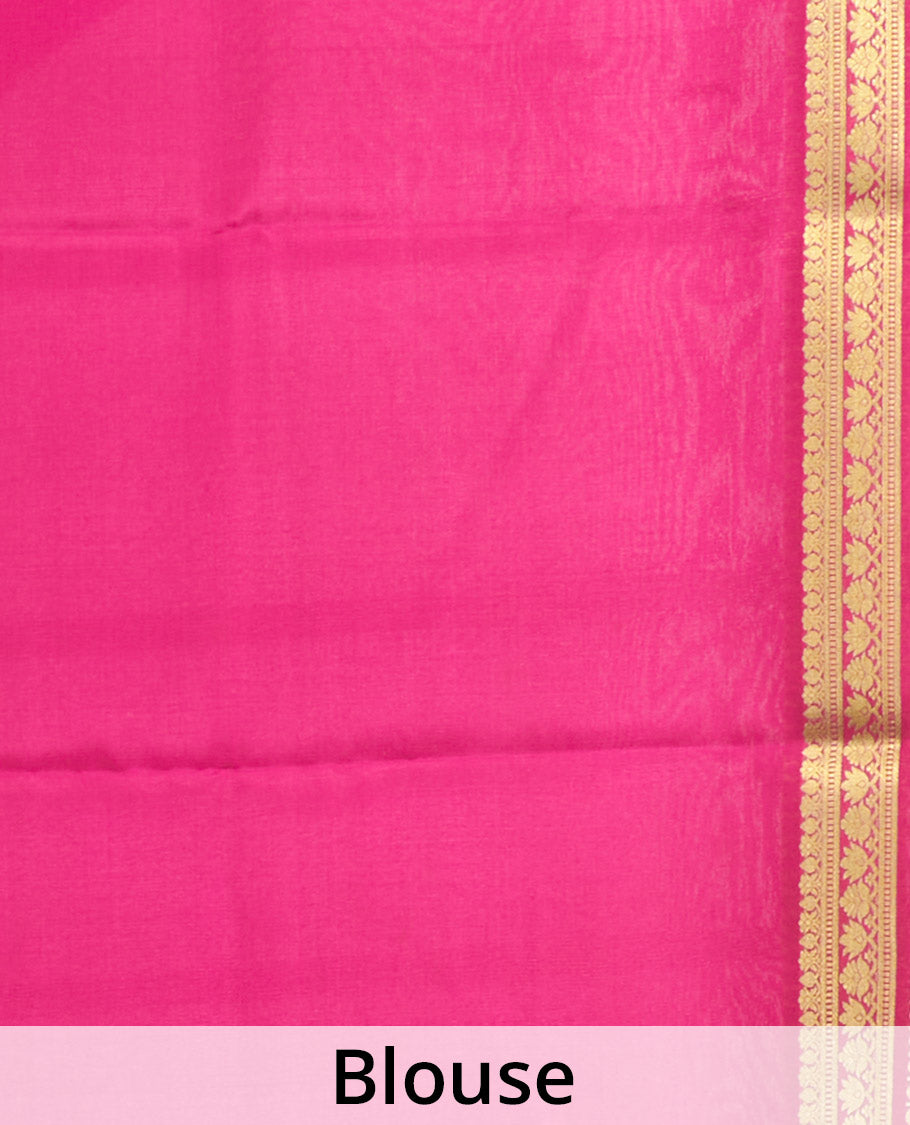 Parrot Green Plain Mysore Silk Saree, Complemented by a Contrast Traditional Zari Design Border, Zari-Striped Pallu, and Paired with a Contrast Blouse