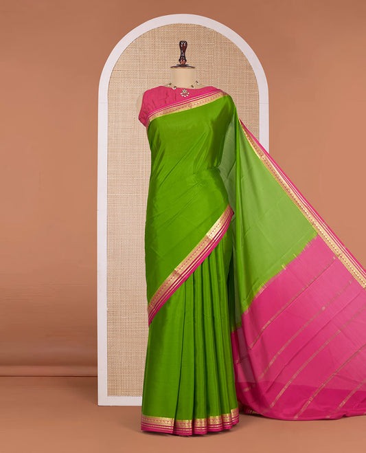 Parrot Green Plain Mysore Silk Saree, Complemented by a Contrast Traditional Zari Design Border, Zari-Striped Pallu, and Paired with a Contrast Blouse