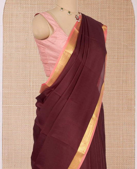 Brown Plain Mysore Silk Saree, Complemented by a Contrast Traditional Zari Design Border, Zari Striped Pallu, and Paired with a Contrast Blouse