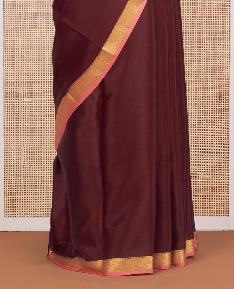 Brown Plain Mysore Silk Saree, Complemented by a Contrast Traditional Zari Design Border, Zari Striped Pallu, and Paired with a Contrast Blouse