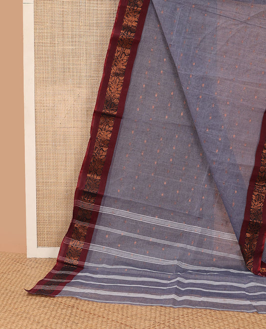 Purple floral motifs bengal cotton saree with contrast floral design border & striped, motifs pallu