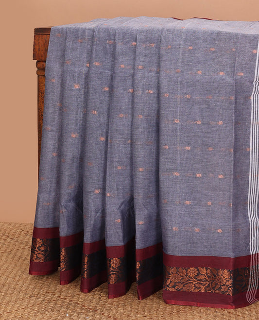 Purple floral motifs bengal cotton saree with contrast floral design border & striped, motifs pallu