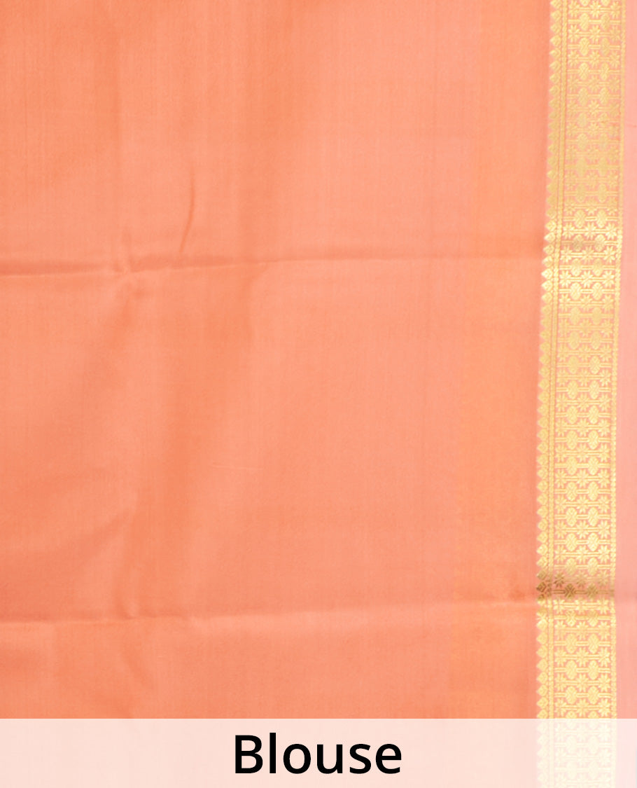 Lavender Plain Mysore Silk Saree, Complemented by a Contrast Traditional Zari Design Border, Zari Striped Pallu, and Paired with a Contrast Blouse