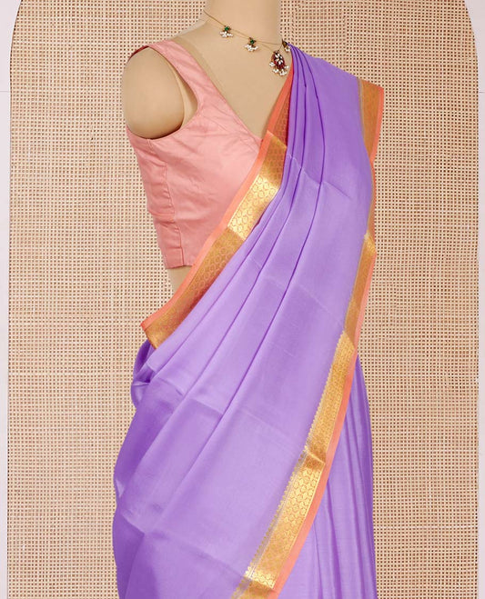 Lavender Plain Mysore Silk Saree, Complemented by a Contrast Traditional Zari Design Border, Zari Striped Pallu, and Paired with a Contrast Blouse