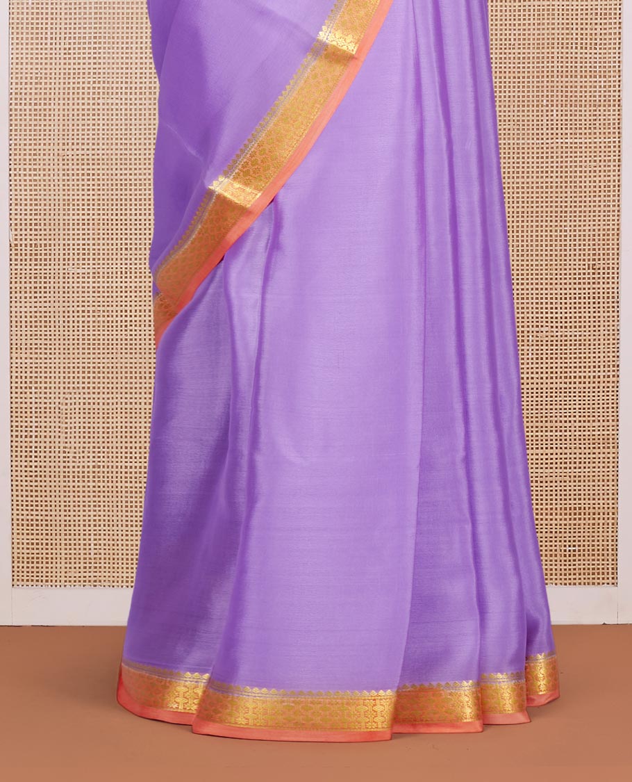 Lavender Plain Mysore Silk Saree, Complemented by a Contrast Traditional Zari Design Border, Zari Striped Pallu, and Paired with a Contrast Blouse