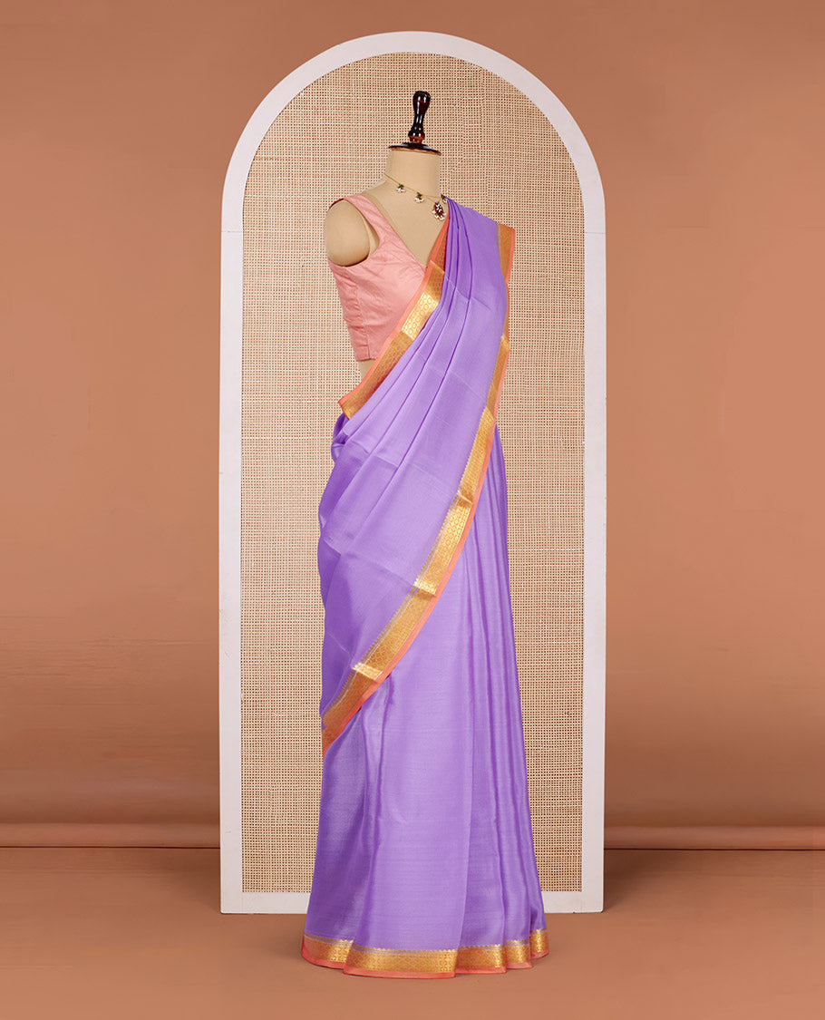 Lavender Plain Mysore Silk Saree, Complemented by a Contrast Traditional Zari Design Border, Zari Striped Pallu, and Paired with a Contrast Blouse