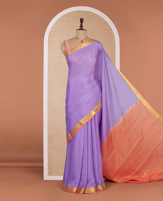 Lavender Plain Mysore Silk Saree, Complemented by a Contrast Traditional Zari Design Border, Zari Striped Pallu, and Paired with a Contrast Blouse