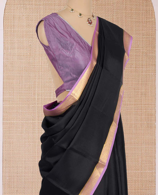 Black-Lavender Plain Mysore Silk Saree, Complemented by a Contrast Traditional Zari Design Border, Zari Striped Pallu, and Paired with a Contrast Blouse