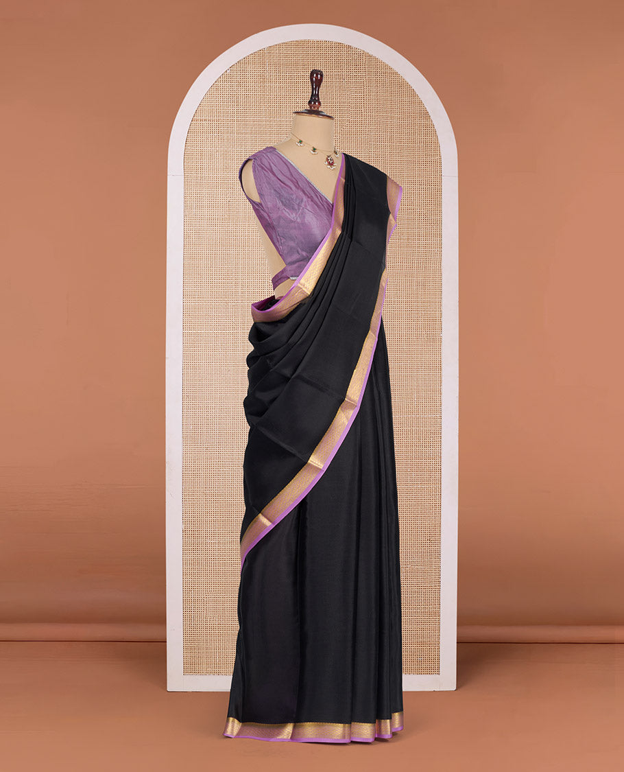 Black-Lavender Plain Mysore Silk Saree, Complemented by a Contrast Traditional Zari Design Border, Zari Striped Pallu, and Paired with a Contrast Blouse