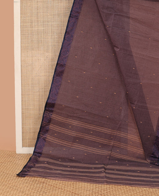 Violet floral motifs bengal cotton saree with contrast floral design border & striped, motifs pallu