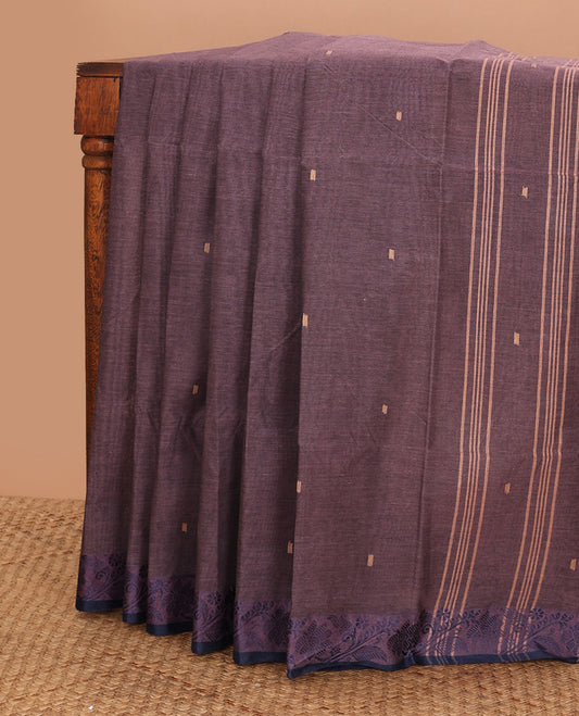 Violet floral motifs bengal cotton saree with contrast floral design border & striped, motifs pallu
