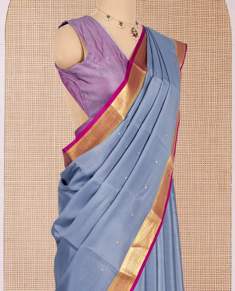 Grey Mysore Silk Saree, Subtly Sparkled with Zari Buttas All Over Its Body, Complemented by a Contrast Traditional Zari Design Border, Zari-Buttas Woven Pallu, and Paired with a Contrast Blouse