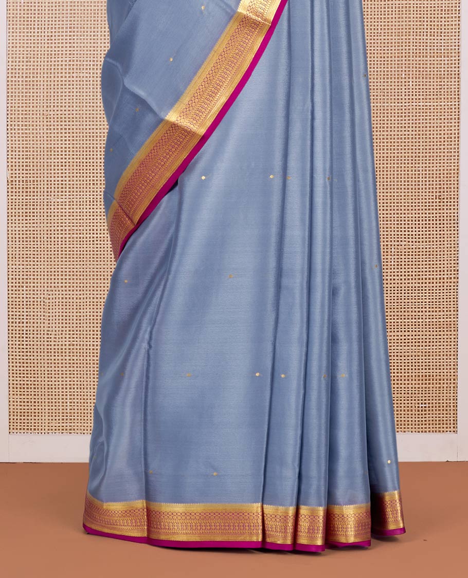 Grey Mysore Silk Saree, Subtly Sparkled with Zari Buttas All Over Its Body, Complemented by a Contrast Traditional Zari Design Border, Zari-Buttas Woven Pallu, and Paired with a Contrast Blouse