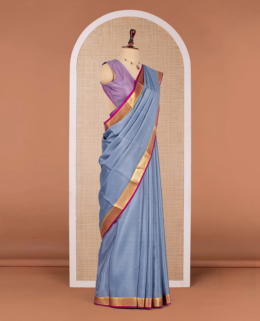 Grey Mysore Silk Saree, Subtly Sparkled with Zari Buttas All Over Its Body, Complemented by a Contrast Traditional Zari Design Border, Zari-Buttas Woven Pallu, and Paired with a Contrast Blouse