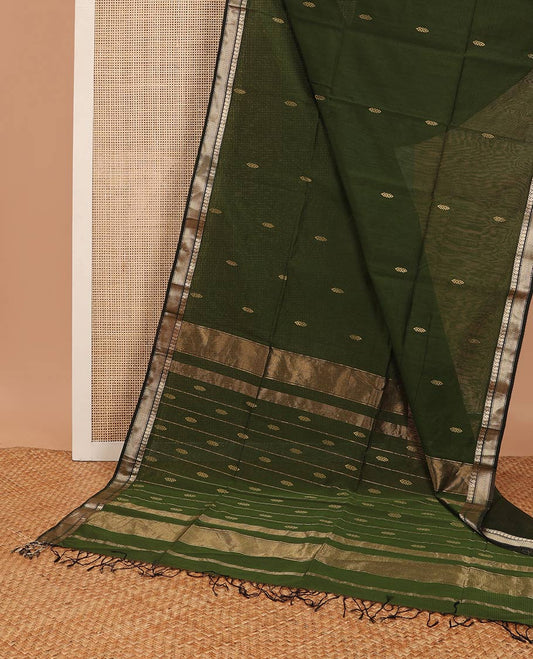 Dark green leaf motifs maheshwari cotton saree with contrast temple, striped border & striped, leaf motifs pallu