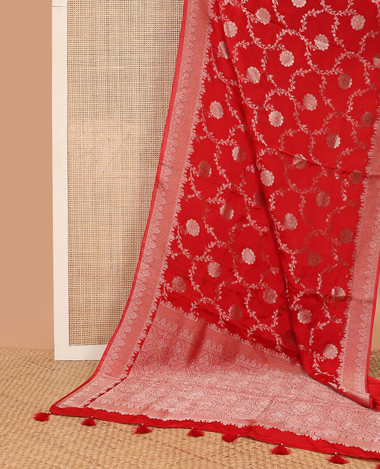 Red floral jaal banaras silk saree with self zari design border & floral design pallu