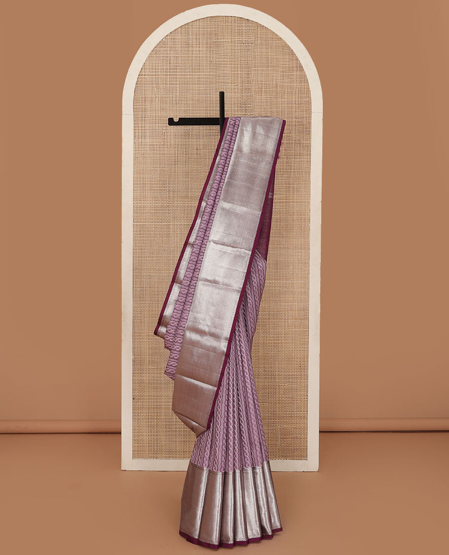 Lavender jacquard Kanchipuram silk saree, big kuyil kann border & silver zari work on the pallu