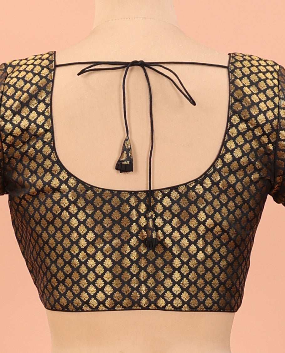 Black zari jacquard front-back round neck elbow sleeve readymade blouse