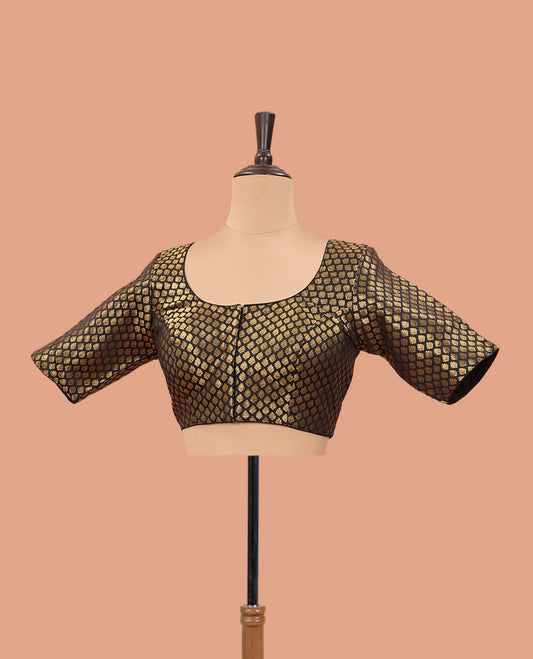 Black zari jacquard front-back round neck elbow sleeve readymade blouse