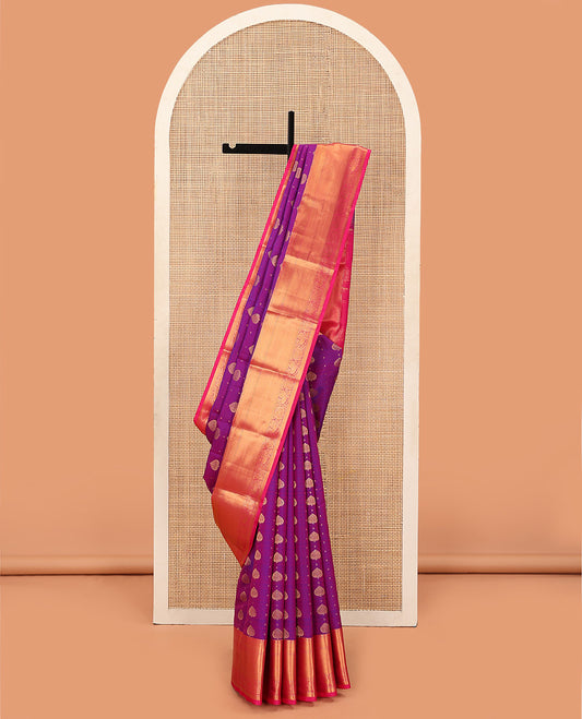 Pink Vasundhara Lite Silk Mix Saree Is Beautified with Zari Buttas, Complemented with a Contrast Mayil Chakram Design Border, Pallu of Mayil Chakram Design, and the Saree Is Paired with a Contrast Blouse
