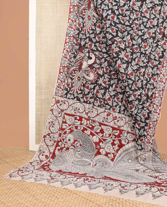 Black floral design kalamkari cotton saree with contrast floral design & floral , peacock design pallu