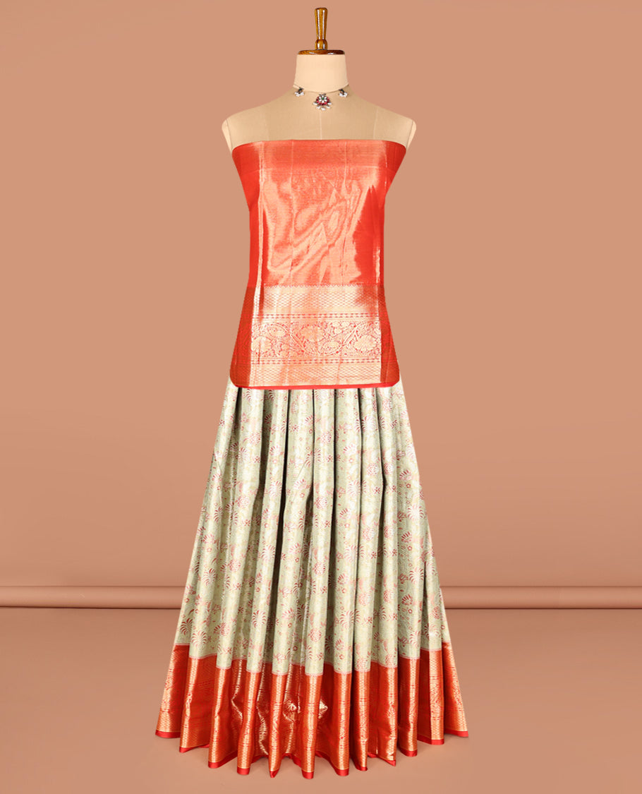 Pale Green Art Silk Half-Saree, Embellished with Jacquard Design, Contrast Traditional Zari Border, Paired with a Contrast Jacquard Blouse, and an Intricate Dhavani