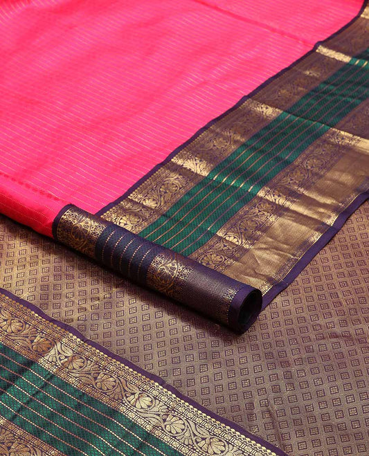 Pink striped silk saree with contrast floral zari design border & argyle design pallu