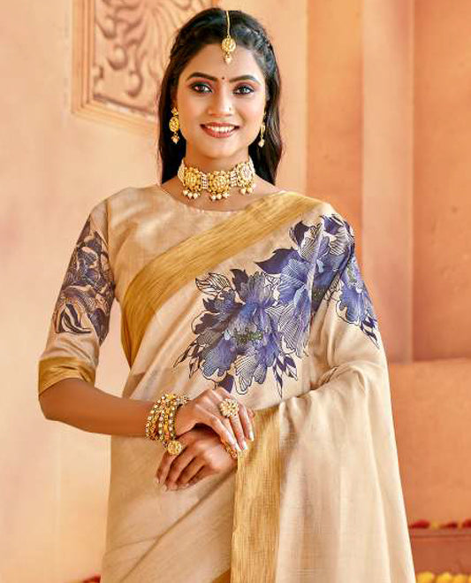 Cream floral motifs designer catalog saree, bavanji border, and floral motifs pallu