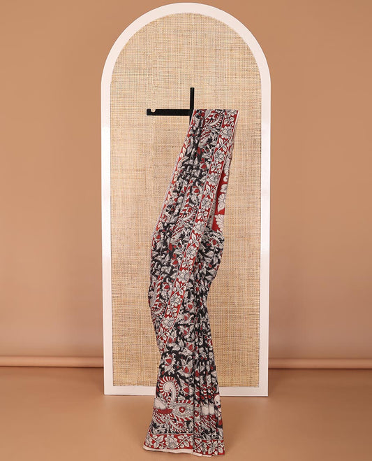 Black floral design kalamkari cotton saree with contrast floral design & floral , peacock design pallu