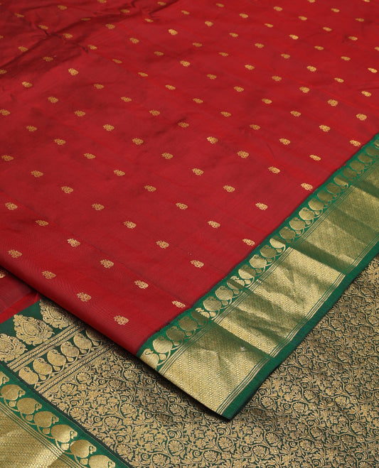 Maroon zari buttas Bangalore silk saree, contrast traditional zari border, and floral jaal pallu
