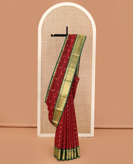 Maroon zari buttas Bangalore silk saree, contrast traditional zari border, and floral jaal pallu