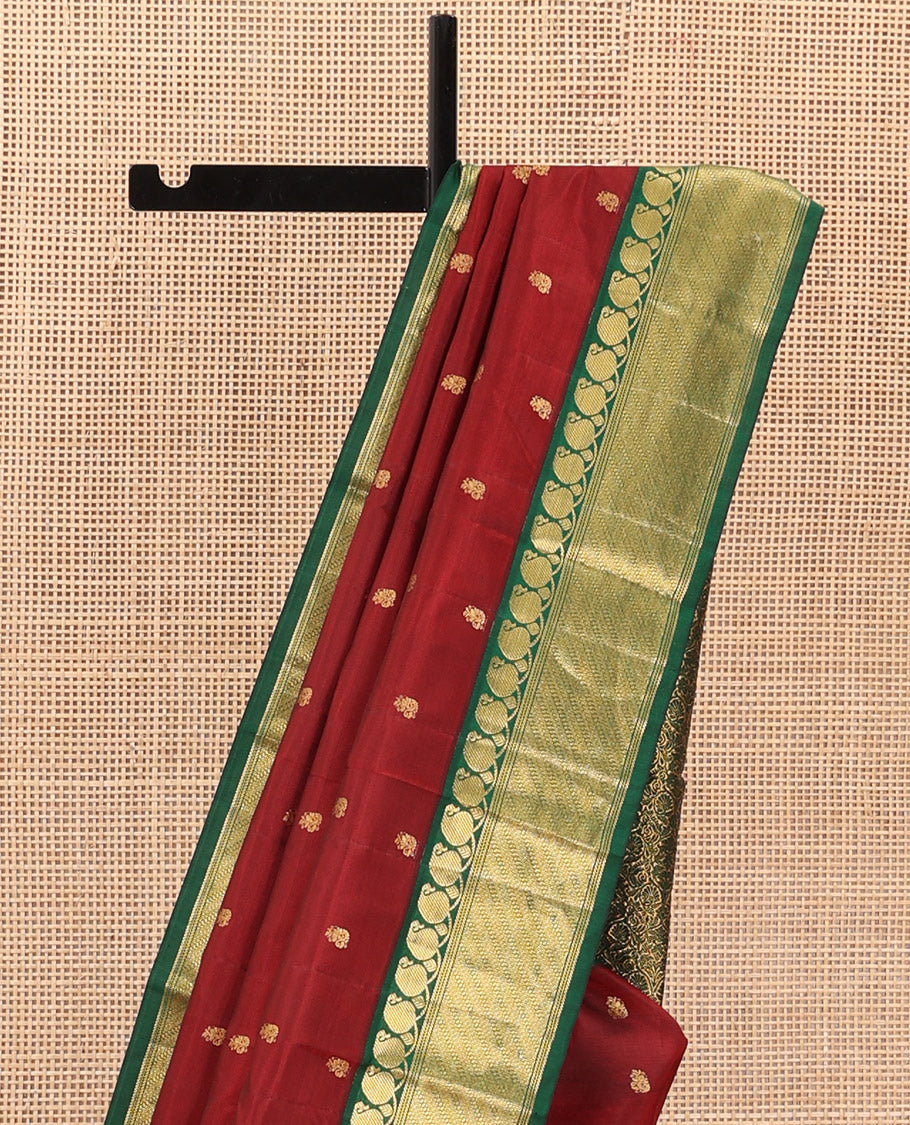 Maroon zari buttas Bangalore silk saree, contrast traditional zari border, and floral jaal pallu