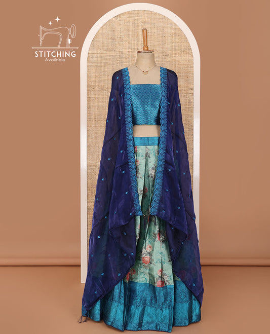 Blue lehenga set, floral print with contrast traditional border skirt, jacquard contrast blouse and scallop embroidered dhavani