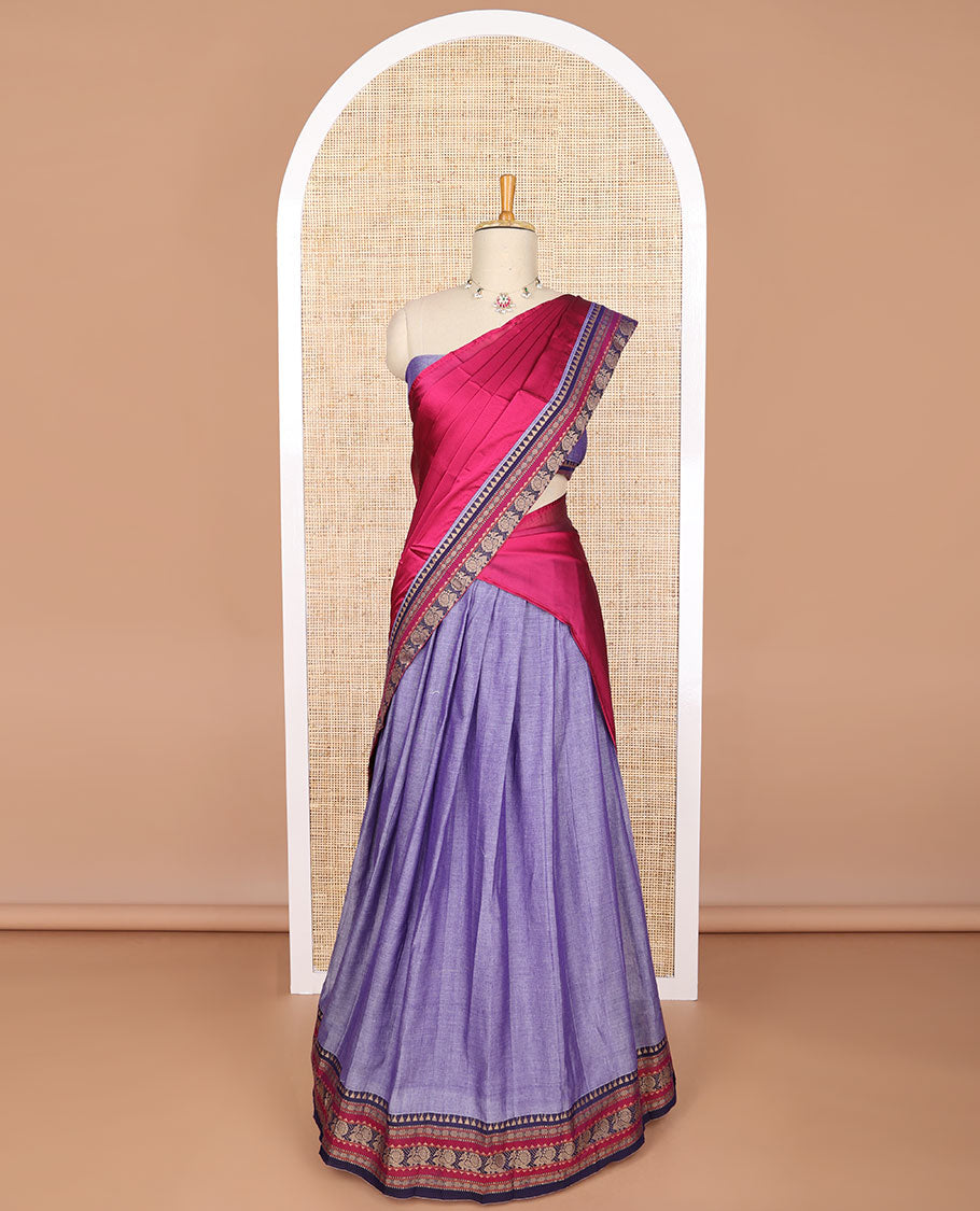 Lavender cotton half saree with contrast zari design border, zari design blouse & temple, peacock design border dhavani