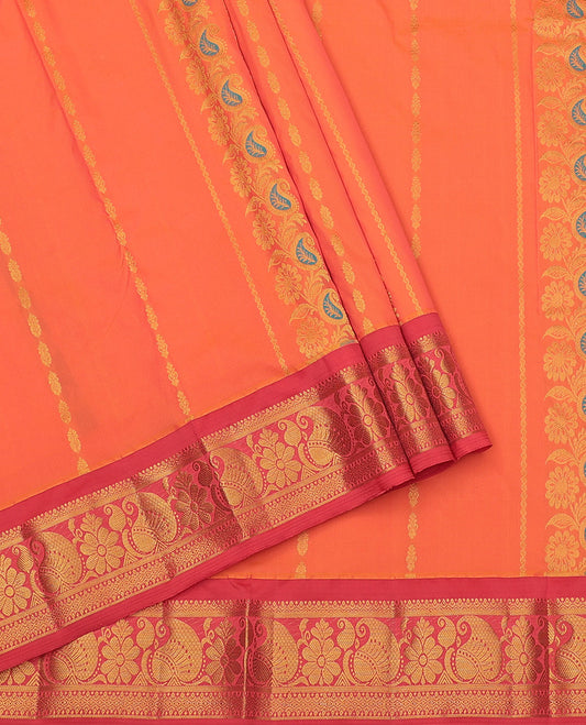 Orange Art Silk Pavadai Material Set, Finely Crafted with Zari Designs on Its Skirt, Complemented by a Contrast Traditional Zari Border, and a Matching Blouse