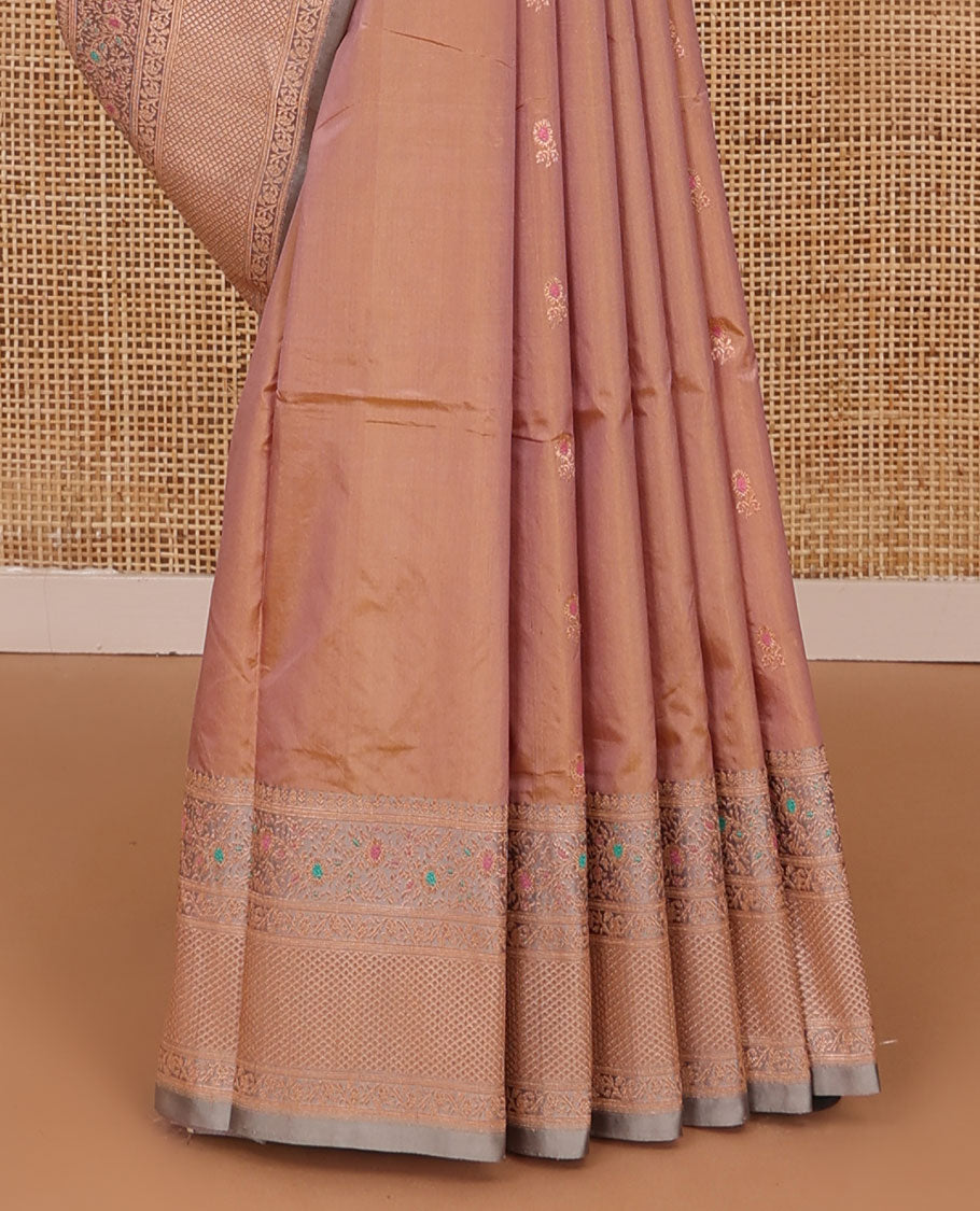 Pinkish peach dual tone zari buttas katan silk saree, contrast traditional zari border of floral meenakari motifs, and jaal pallu